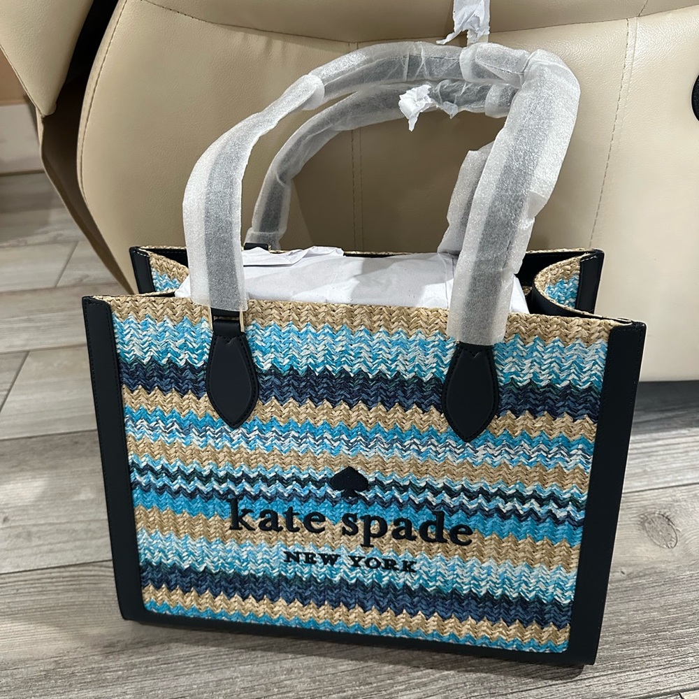 Kate Spade Ellie Straw Large Tote -Blue & Tan Woven Stripe